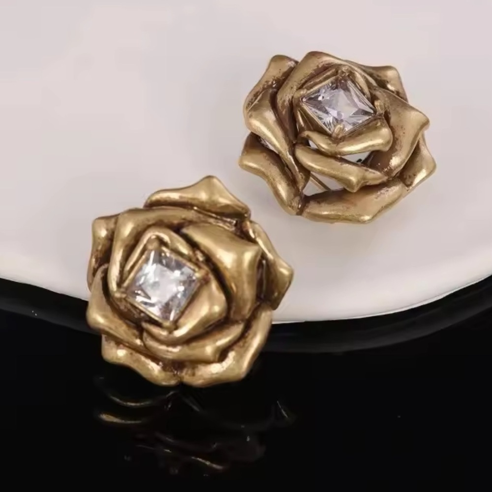 Antique Gold Rose Crystal Stud Earrings